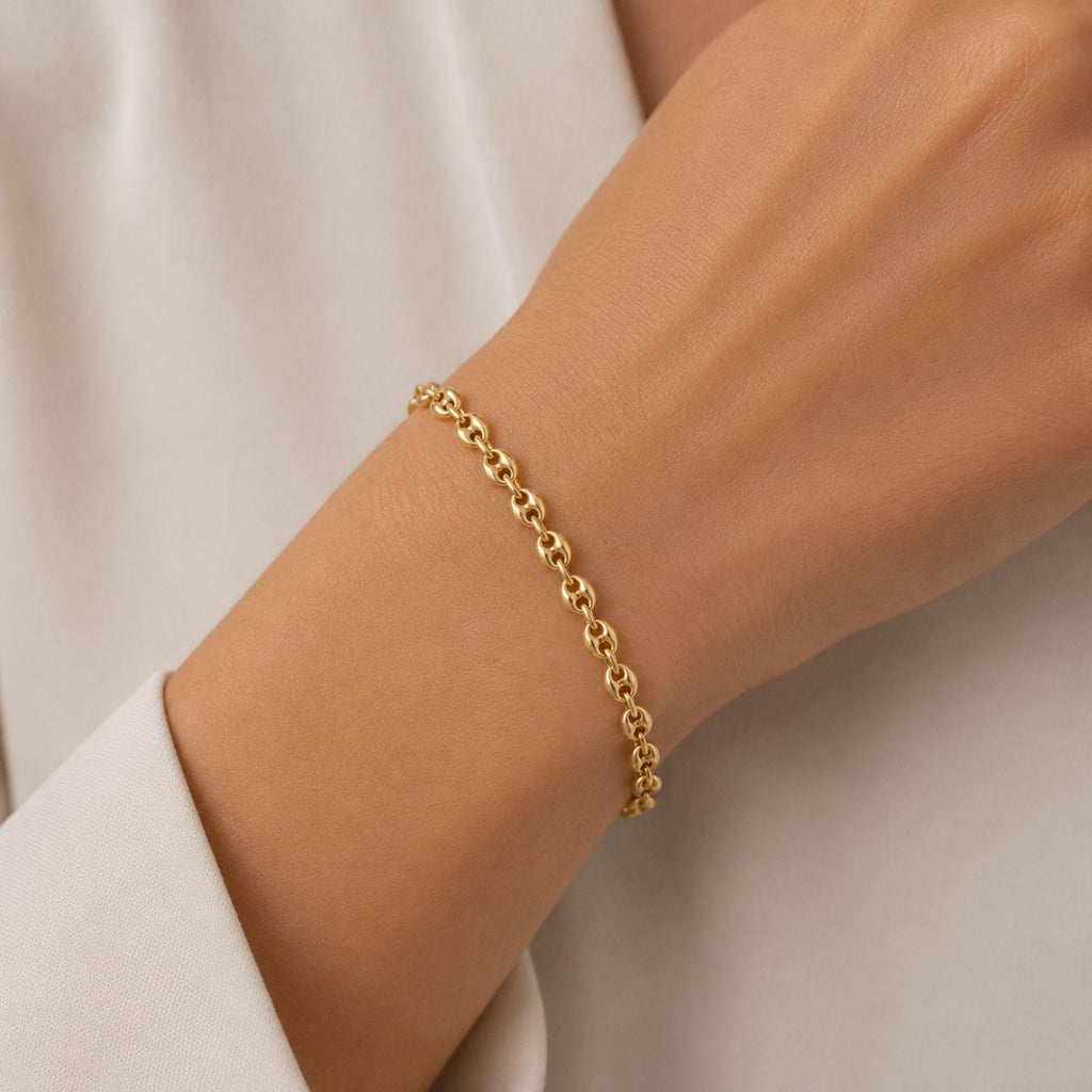 14K Gold 4.5mm Mariner Chain Bracelet, Puffed Anchor Link Bracelet, Nautical Gold Jewelry, Stackable Statement Bracelet, Gift for Her