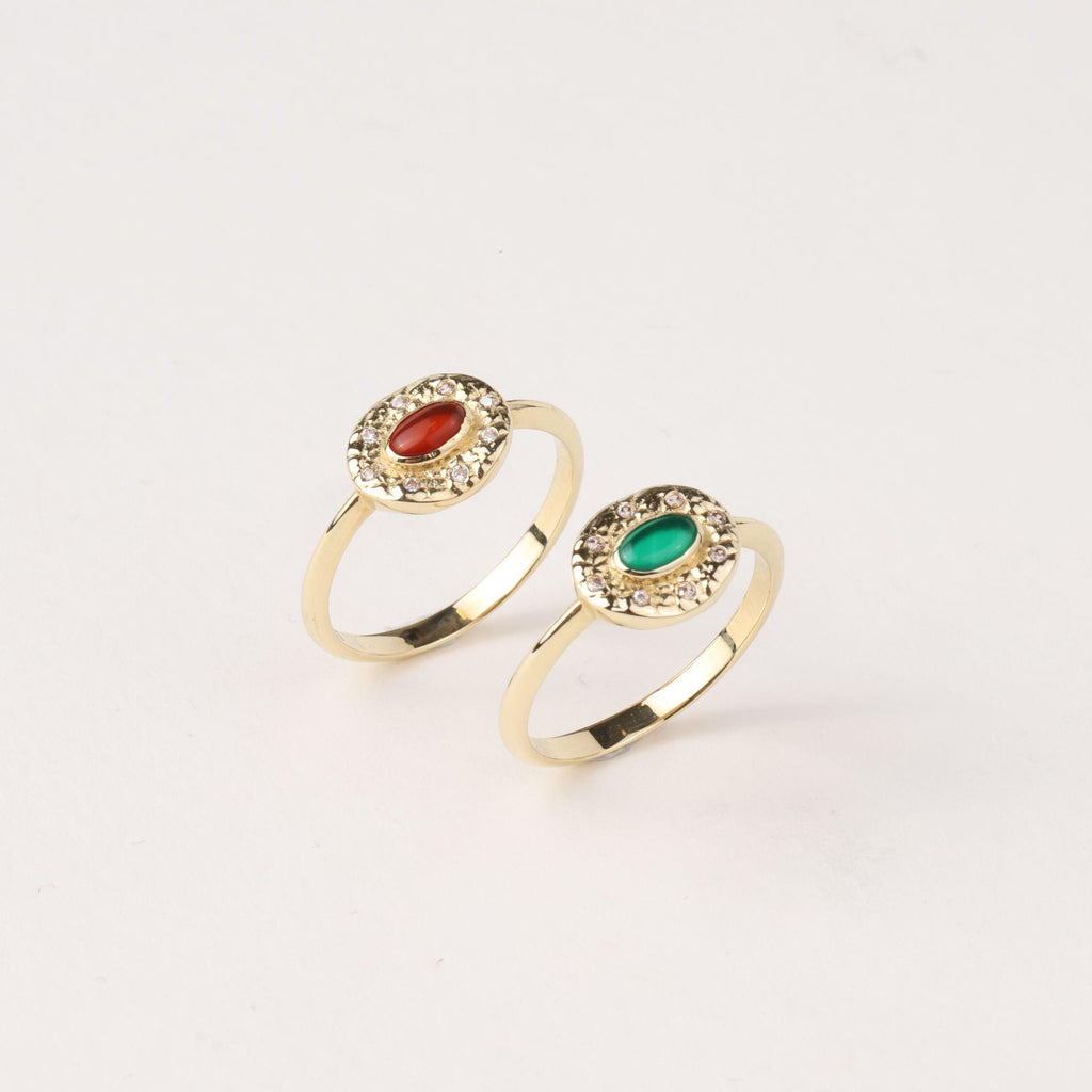 14K Gold Oval Birthstone Ring, Carnelian or Emerald Gemstone Ring, Vintage Style Halo Ring, Dainty Statement Jewelry, Gift for Her
