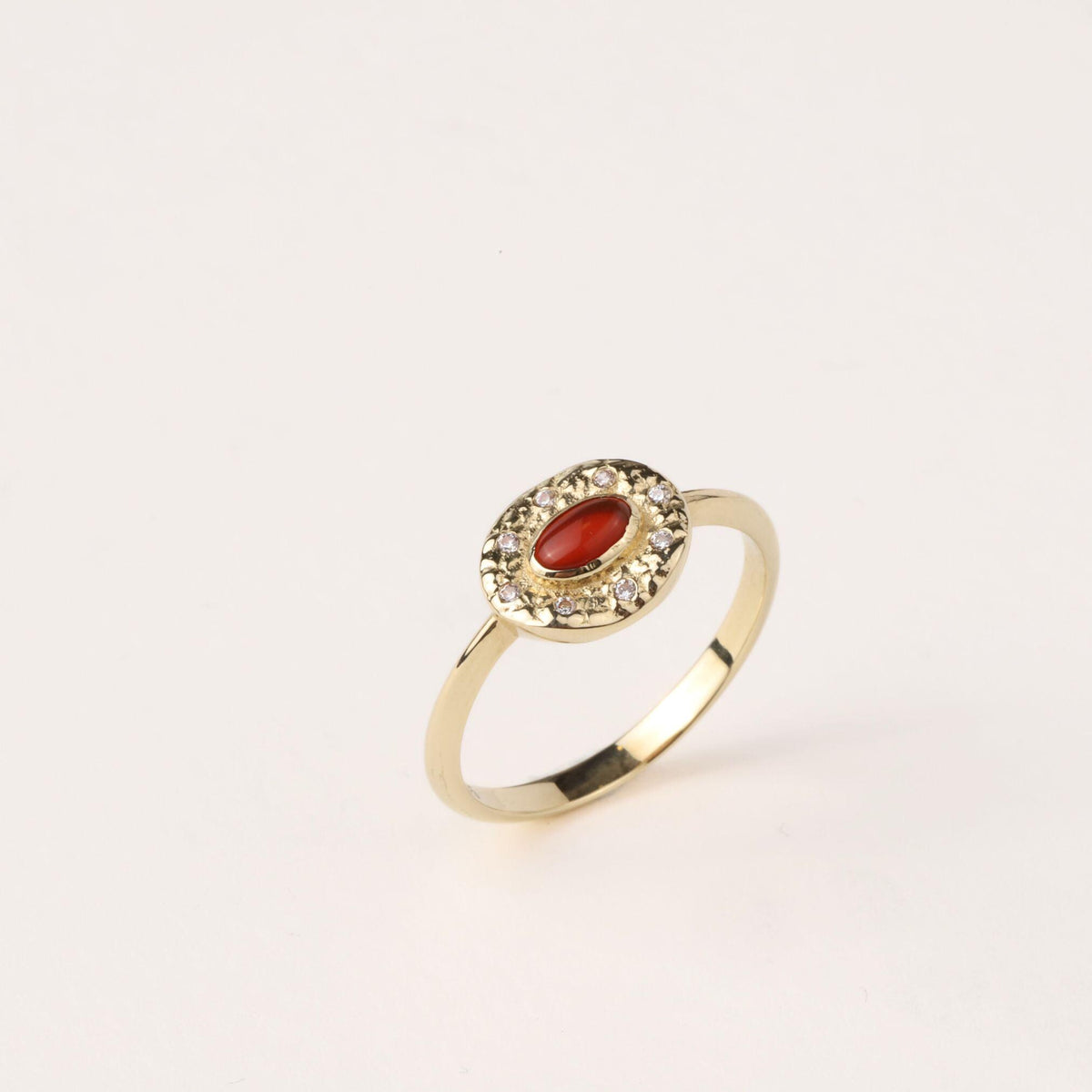 14K Gold Oval Birthstone Ring, Carnelian or Emerald Gemstone Ring, Vintage Style Halo Ring, Dainty Statement Jewelry, Gift for Her