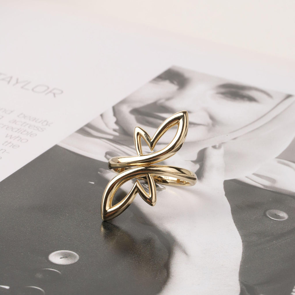 14K Gold Open Heart Wrap Ring, Sculptural Petal Ring, Modern Statement Jewelry, Bypass Gold Ring, Elegant Everyday Gift for Women