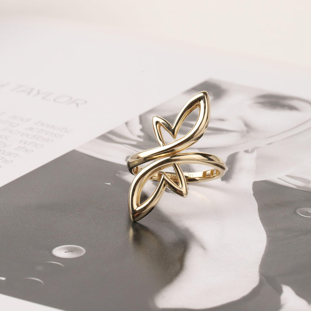 14K Gold Open Heart Wrap Ring, Sculptural Petal Ring, Modern Statement Jewelry, Bypass Gold Ring, Elegant Everyday Gift for Women