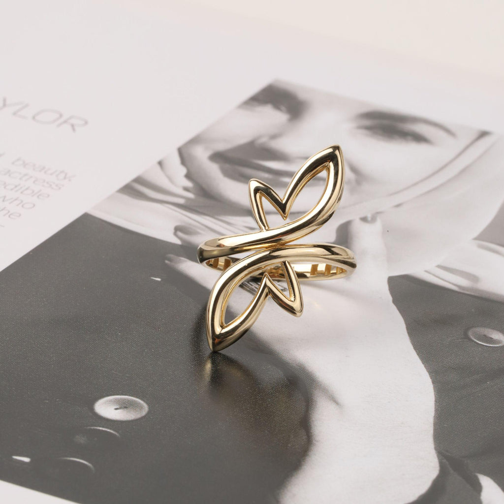 14K Gold Open Heart Wrap Ring, Sculptural Petal Ring, Modern Statement Jewelry, Bypass Gold Ring, Elegant Everyday Gift for Women