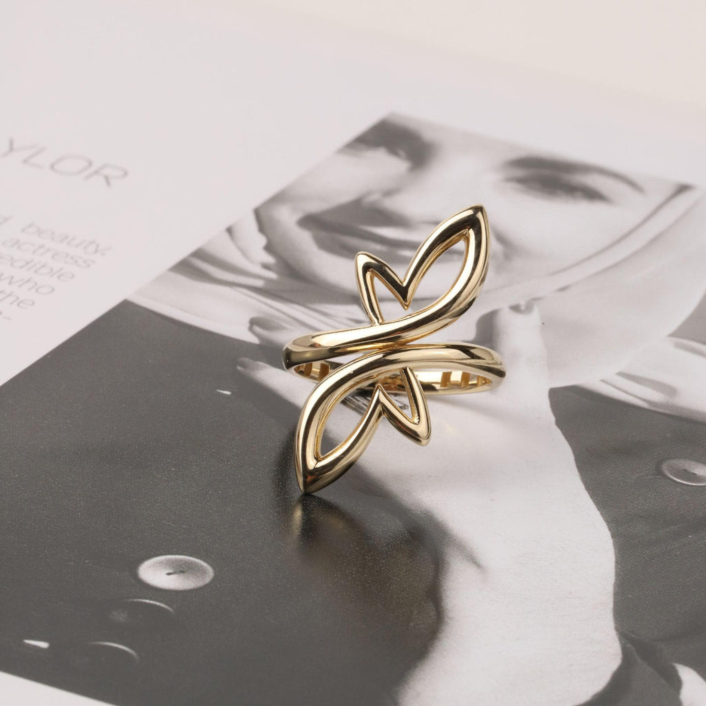 14K Gold Open Heart Wrap Ring, Sculptural Petal Ring, Modern Statement Jewelry, Bypass Gold Ring, Elegant Everyday Gift for Women