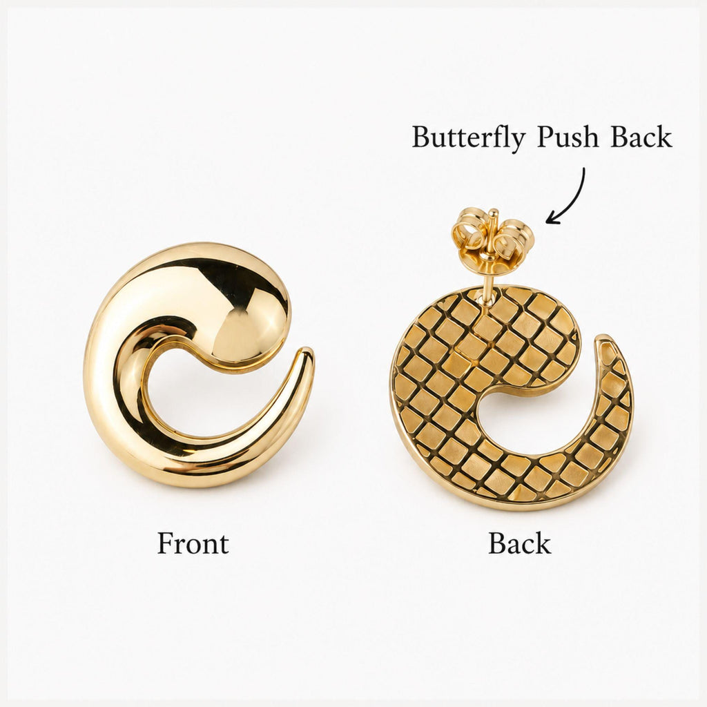 14K Gold Swirl Stud Earrings, Crescent Wave Studs, Sculptural Statement Earrings, Modern Everyday Jewelry, Elegant Gift for Women