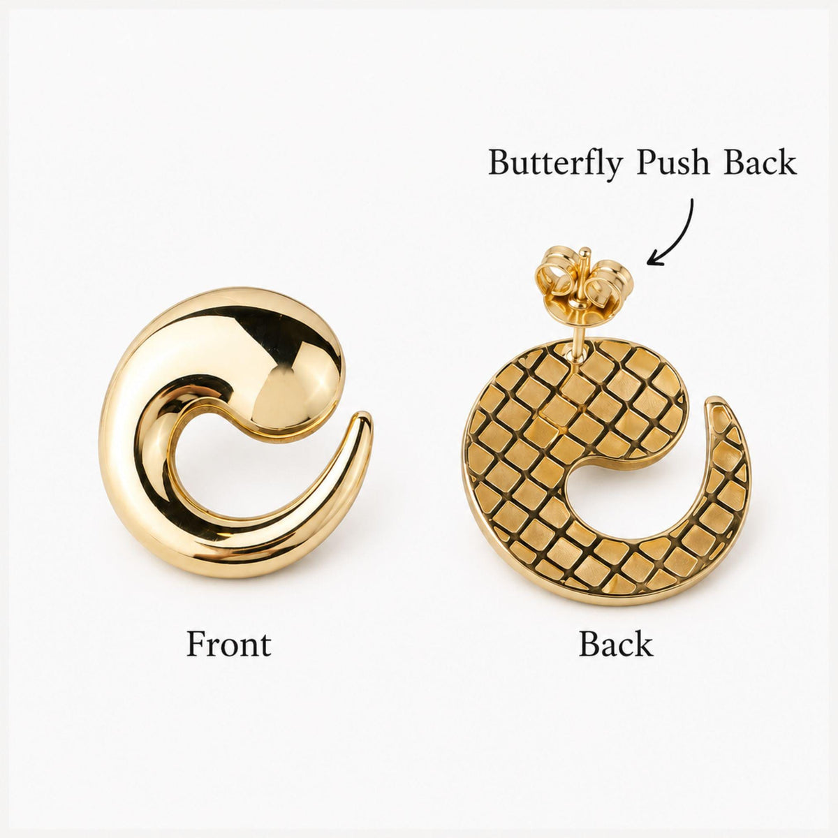 14K Gold Swirl Stud Earrings, Crescent Wave Studs, Sculptural Statement Earrings, Modern Everyday Jewelry, Elegant Gift for Women