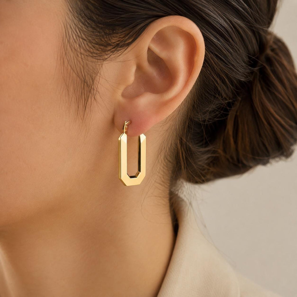 14K Gold Geometric Hoop Earrings, Faceted Rectangle Hoops, Modern Octagon Earrings, Minimalist Everyday Jewelry, Gift for Women