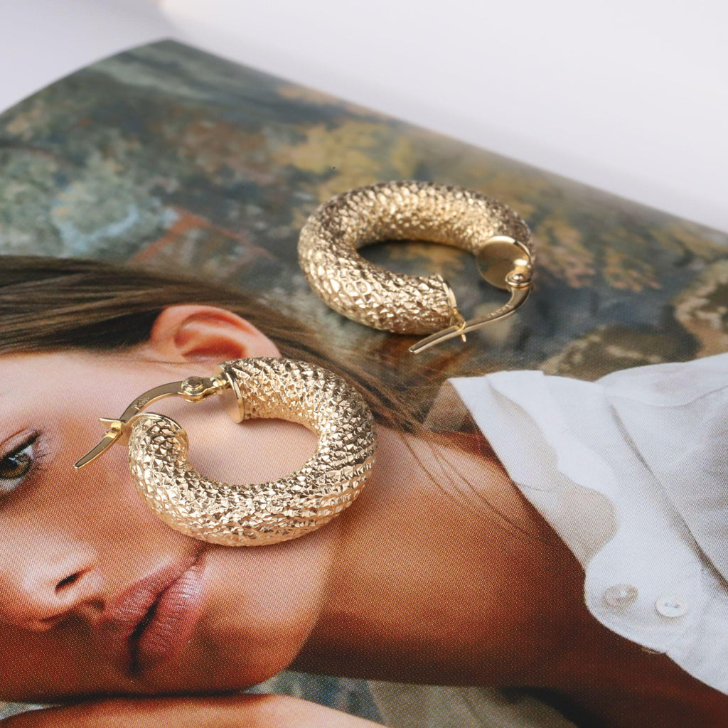 14K Gold Chunky Textured Hoop Earrings, Thick Diamond Cut Hoops, Bold Sparkle Earrings, Everyday Fine Jewelry, Gift for Women