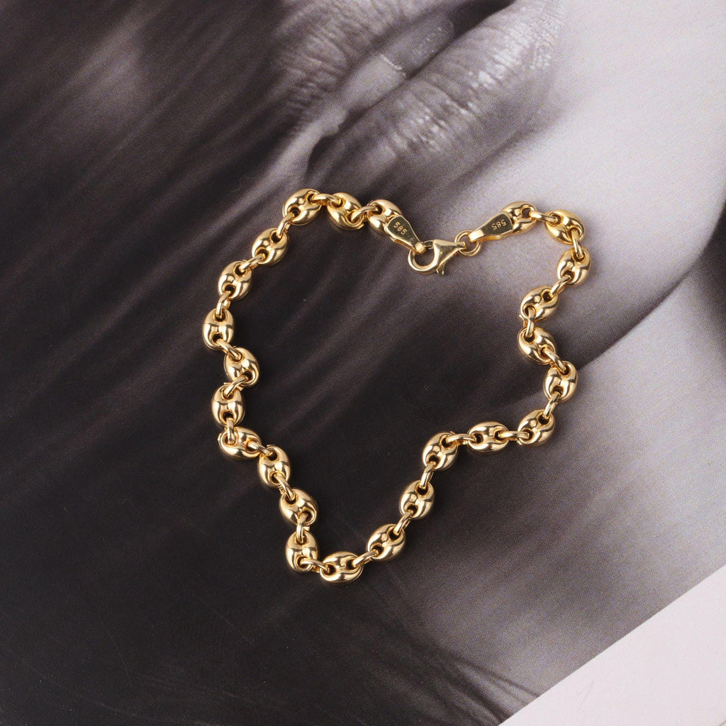 14K Gold 4.5mm Mariner Chain Bracelet, Puffed Anchor Link Bracelet, Nautical Gold Jewelry, Stackable Statement Bracelet, Gift for Her