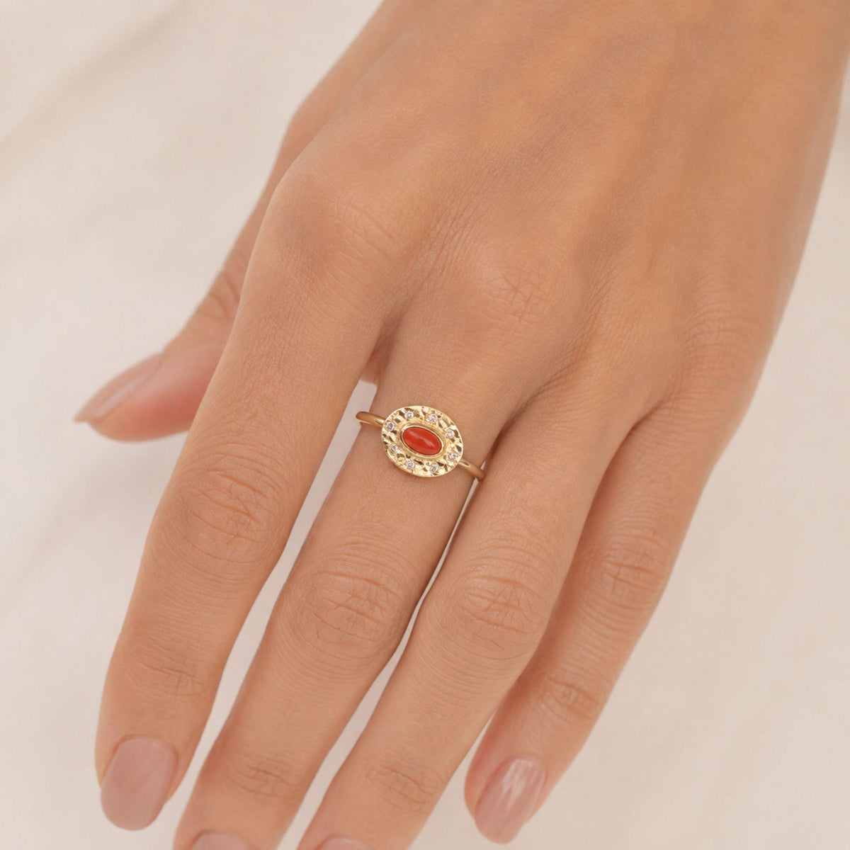 14K Gold Oval Birthstone Ring, Carnelian or Emerald Gemstone Ring, Vintage Style Halo Ring, Dainty Statement Jewelry, Gift for Her