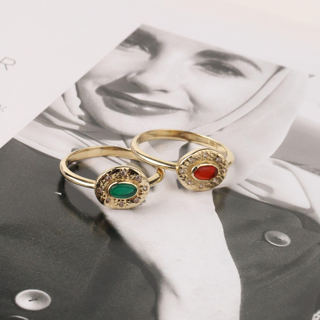 14K Gold Oval Birthstone Ring, Carnelian or Emerald Gemstone Ring, Vintage Style Halo Ring, Dainty Statement Jewelry, Gift for Her