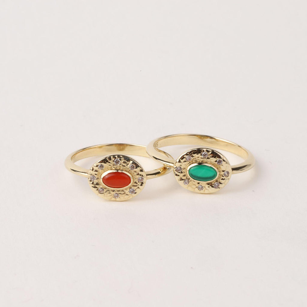14K Gold Oval Birthstone Ring, Carnelian or Emerald Gemstone Ring, Vintage Style Halo Ring, Dainty Statement Jewelry, Gift for Her